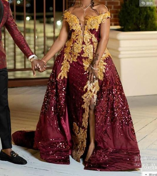 

arabic aso ebi burgundy lace evening dresses sparkly sheath prom dresses high split formal party second reception gowns zj236, Black