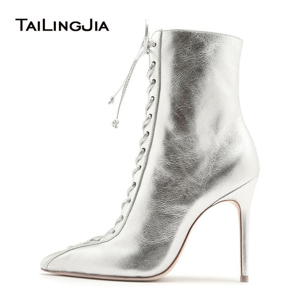 

sliver high heel ankle boots for women 2019 pointed toe heeled black booties ladies stiletto heel lace up short boots large size