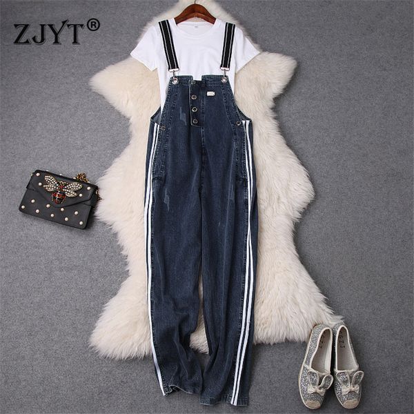 

high street fashion female 2piece pants suit set 2019 summer women casual outfits white t shirt overalls jeans pants sets