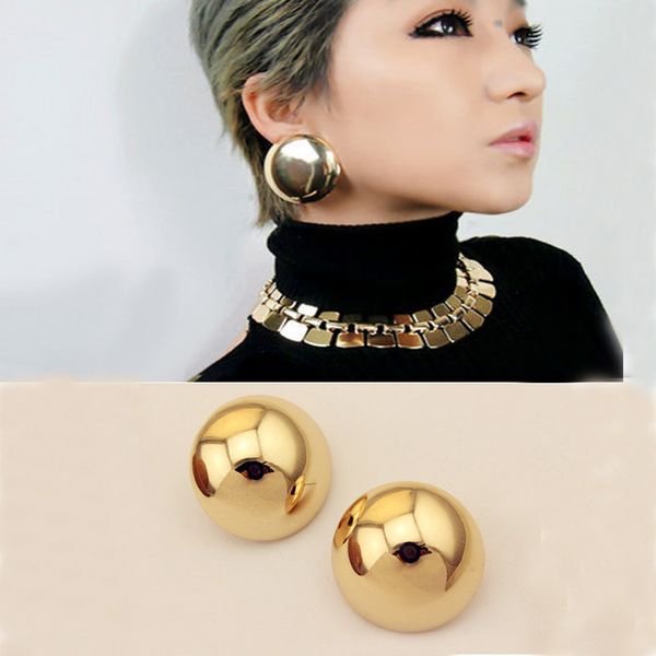 

european style punk runway exaggerated big half ball spherical mirror stud earring semi jewelry boucles d'oreille grosse boule, Golden