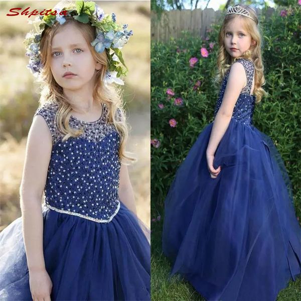 Pearls Beaded Sequin Girls Girls Dresses Abiti 2019 Blu navy Blue Sheer Cap Sleeve First Holy Communione Dress Flower Girl Abiti per matrimonio