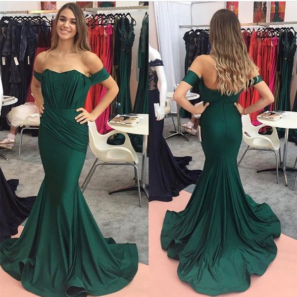 Off the Shoulder Abiti da sera verde smeraldo con abbellimenti a pieghe Lunghezza del pavimento Abiti da cerimonia lunghi da cerimonia Abiti da spettacolo personalizzati