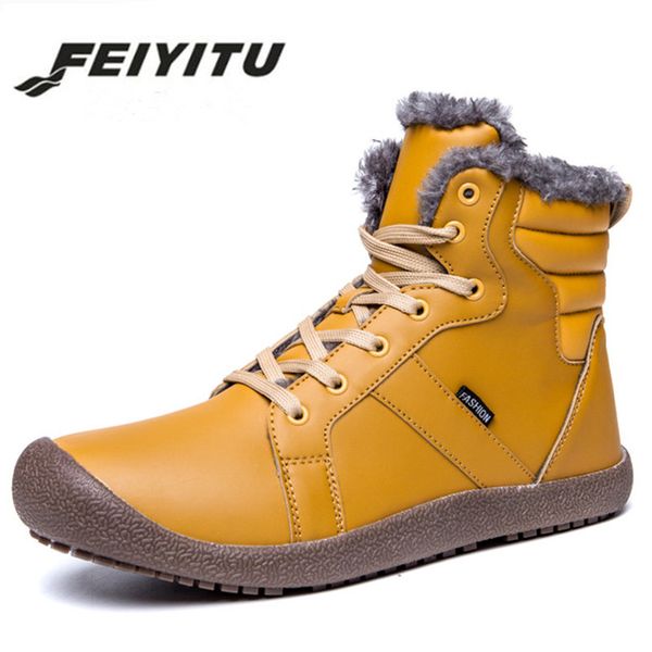 

feiyituwaterproof snow boots high fur lining winter shoes men warm leather outdoor ankle boots plus size 38-46 black yellow