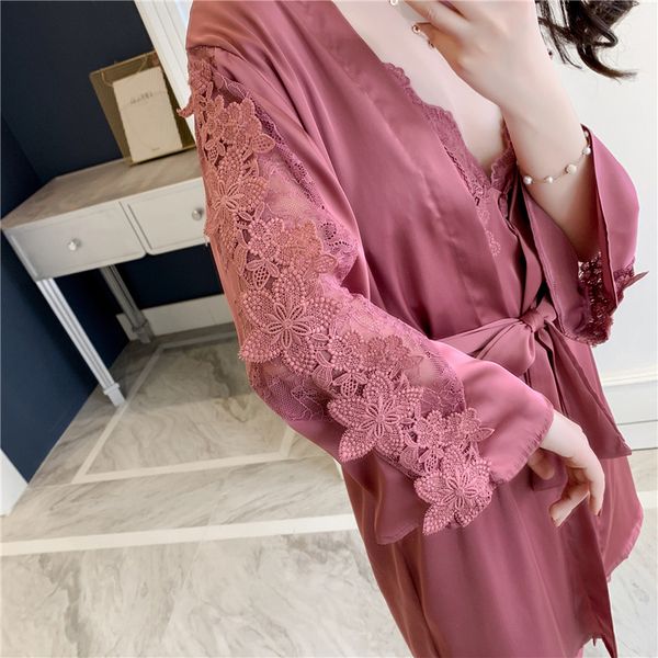 

autumn lace women robe set with chest pad nightdress cardigan set sleepwear lace embroidery applique cutout sleeves sets, Black;red