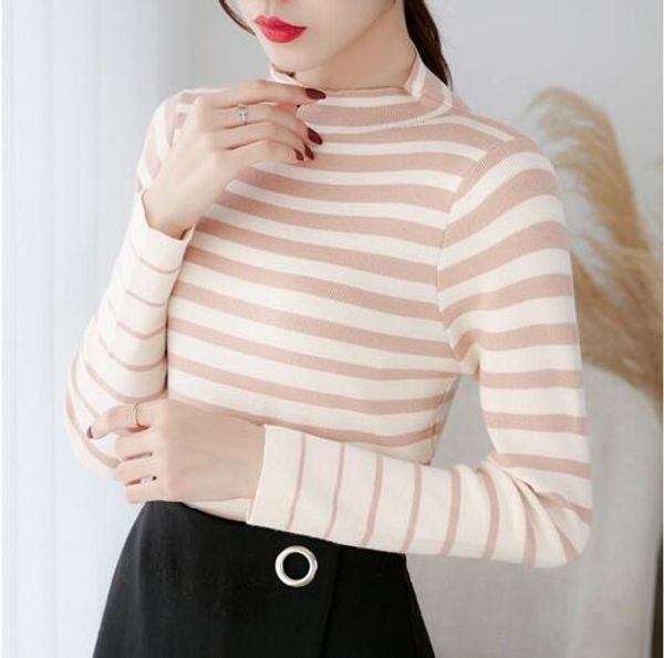 

korean version of the sweater striped long-sleeved half-high collar sweater women's bottoming shirt women's, White