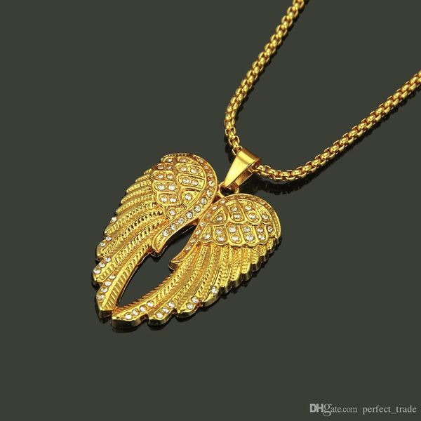 

wholesale angel wings designer necklace rhinestone pendant necklaces fashion mens necklace chain hip hop link jewelry ing, Silver