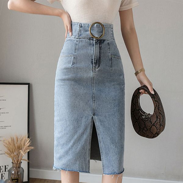 

2020 fashion high waist button blue denim skirts for women summer split office ladie miid skirt hip pencil skirt femme, Black