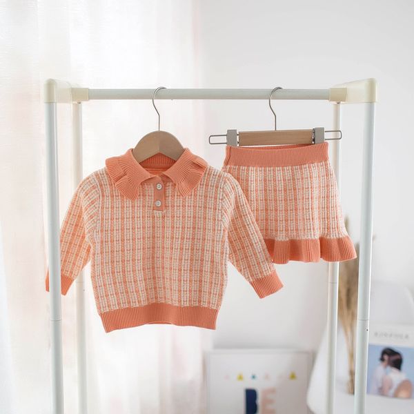 

2020 girls knit skirt outfits autumn winter children clothing suit kids plaid lapel long sleeve cardigan + skirt sweater 2pcs suits c6463, White