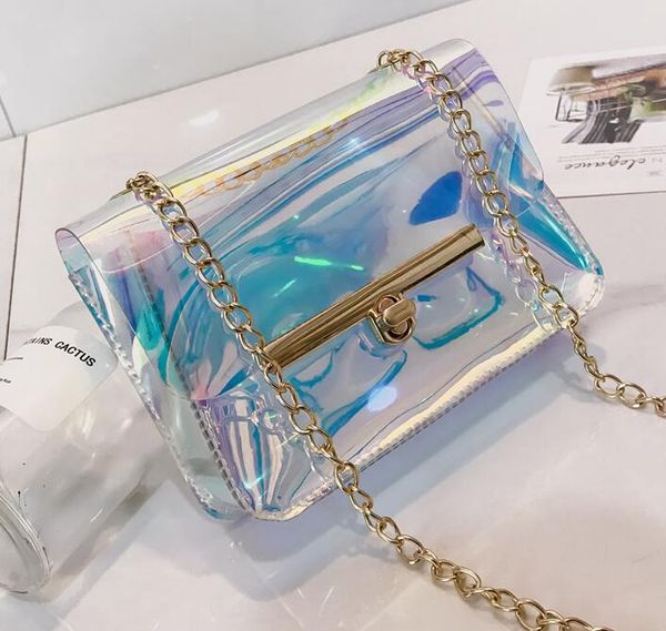 

designer transparent hologram laser bag women hand clutches pvc see through clear small chain bags shoulder messenger bag mini cow/3