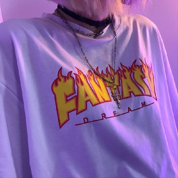 

pure cotton ins harajuku style women's fashion brand flame letter printing couple short sleeve loose round collar t-shirt women, White