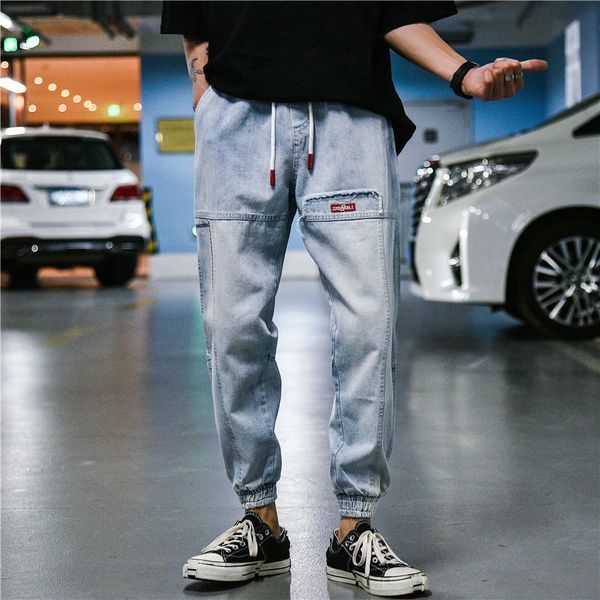 

2020 new spring men's beam foot trousers popular logo jeans male loose wide-legged haroun pants leisure nine-tenth trousers, Blue