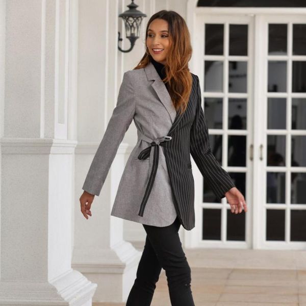 

fall european and american style new hit color waist wild stripe color matching modern commuter fashion wild suit jacket, Tan;black