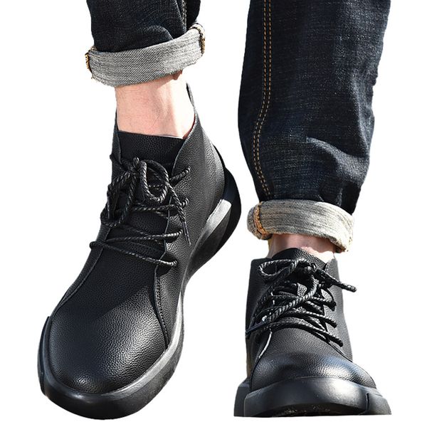 

autumn breathable casual boots retro british men leather ankle booties round toe lace-up male outdoor work boots bota masculina, Black