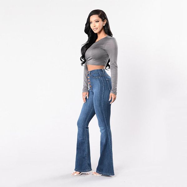 

mid waist jeans new women autumn elastic plus loose denim pocket casual boot cut pant jeans women mujer 2019 new arrival, Blue