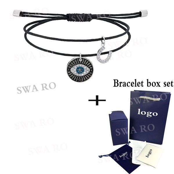 

swa 2019 autumn new double black color line hanging lucky horseshoe and evil eye round crystal bracelet couple gift, Golden;silver