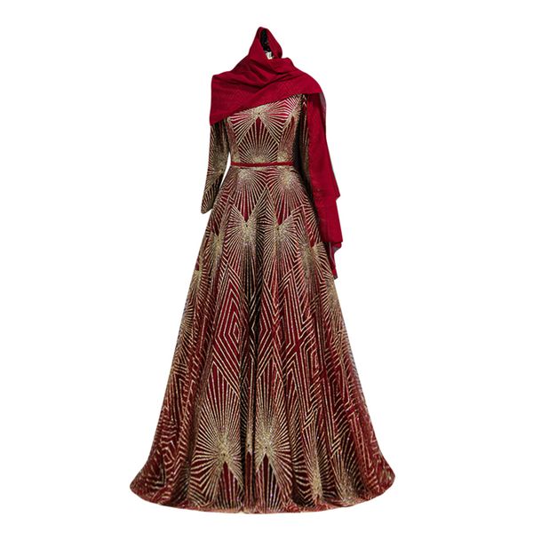 

Sparkly burgundy arabic women evening dre e a line 2019 mu lim hijab equin prom dre mode t long leeve jewel party gown cu tom made