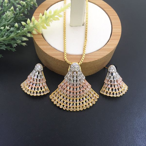 

lanyika fashion jewelry geometry triangle micro inlay necklace with earrings for wedding banquet luxury gift, Silver