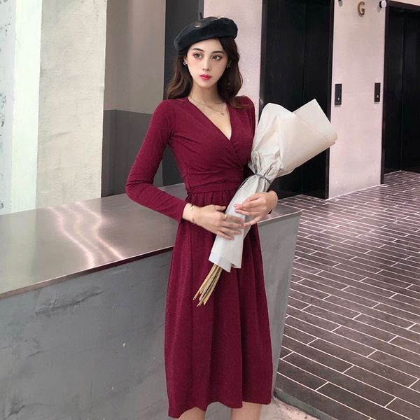 

real snew v-neck slim light silk tie waist bottom party dress 2019, Black;gray