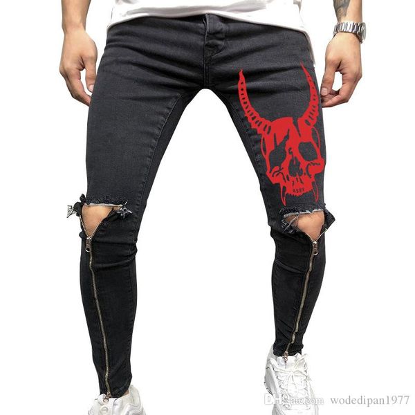 

mens print distressed skinny jeans for male new hole zipper casual athleisure sportswear slim long denim pencil pants, Blue