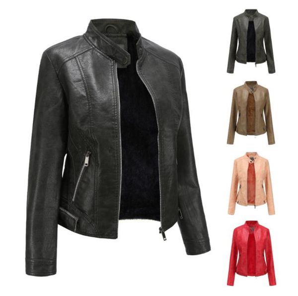 

womens designer faux leather coat fashion stand collar long sleeve zipper jacket vintage womens slim outerwear, Black
