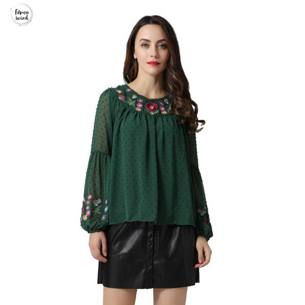 

блузка женщины рубашки вышивка цветочный рукав галстук рукав o-образным вырезом флаттер шифон плиссированные ретро дамы свободного покроя то, White