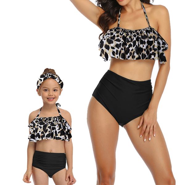 

family matching swimwear leopard floral print bikini set ruffle bandage high waist mom kids girl swimsuit bathing suit summer