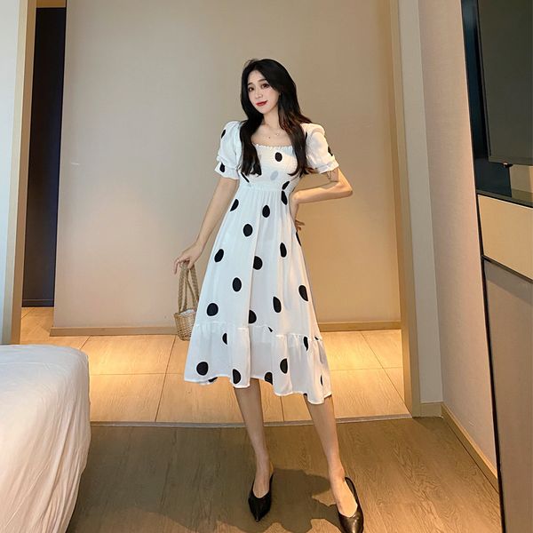 

summer women maxi dress retro long polka dot dresses dress loose women clothing, Black;gray