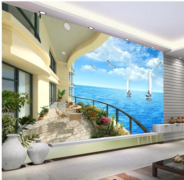 

3d stereo luxury villa balcony landscape tv background wall window mural wallpaper