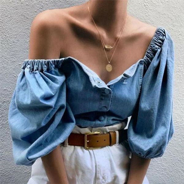 

fashion women loose off shoulder blouse denim lantern sleeve blouse shirt ladies big size baggy vintage shirt female blusas, White