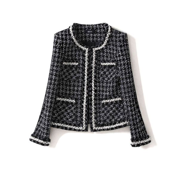 

women black white plaid tweed jacket heavy pearls beading chains formal jackets small pcoket new 2018 winter female, Black;brown