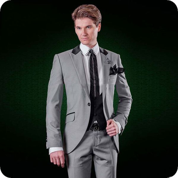 

latest designs grey men suits for wedding classic groom wear man tuxedo 3piece black vest peaked lapel gentle male blazer costume homme, Black;gray