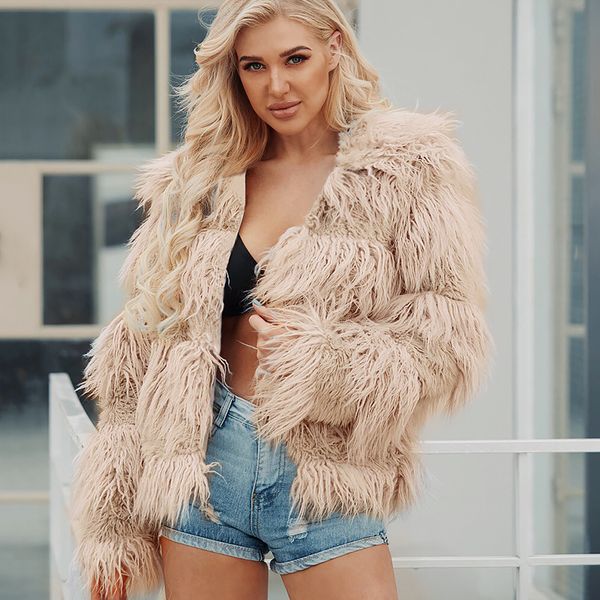 

2019 новое поступление зимнее пальто женщины осень лохматый искусственный мех куртка с отложным воротником короткое повседневное пальто верх, Black