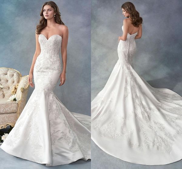 

gorgeous sweetheart satin mermaid wedding dresses 2019 lace appliques sleeveless long sweep train wedding bridal gowns custom made, White