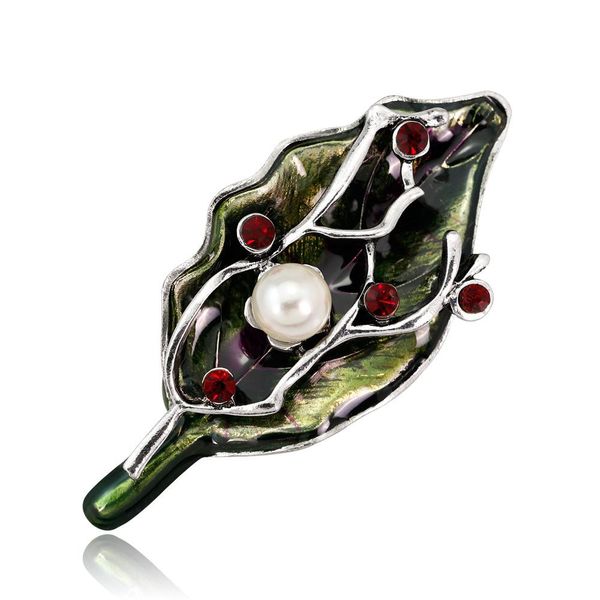

simple brooch fashion personality plating antique silver brooch pin pearl rhinestone leaf brooch pin jewelry for hat bag shoes cloth, Gray