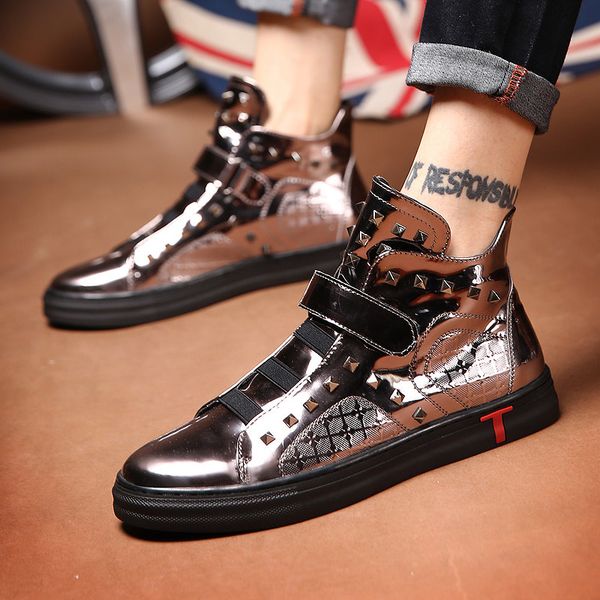 

casual shoes patent leather gold metal color high kanye west rivet boots quality hip hop sneakers zapatillas hombre #50, Black