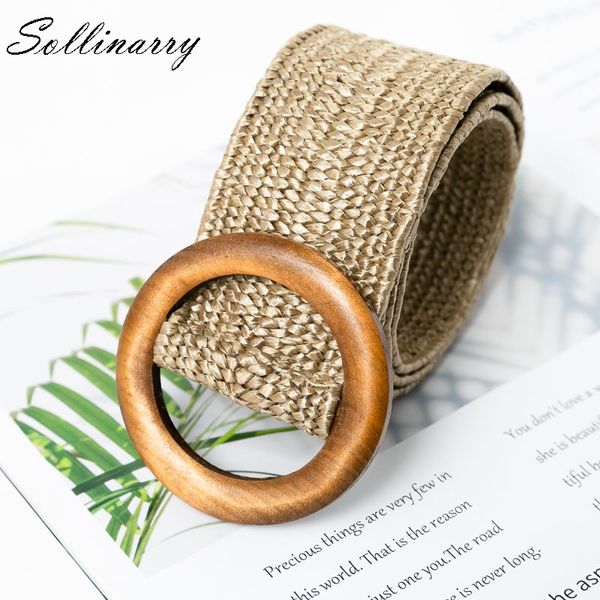 

sollinarry fashion wooden button belt elastic straw belt decoration women waist for dress casual female accessories, Black;brown