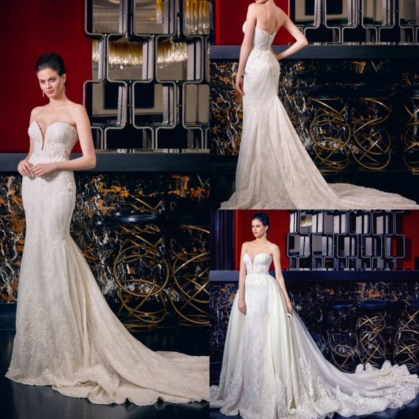 

2019 gorgeous mermaid lace wedding dresses with detachable train bohemian wedding gowns appliqued plus size bridal dress vestidos de nnovia, White