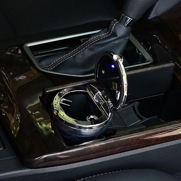 

car ashtray cigarette smoke travel ash cylinder storage stable with led blue light with lids car smoke cup holder