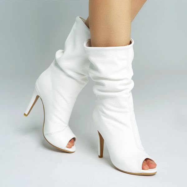 

bota feminina white peep toe summer leather thigh high heel boots botines ladies sandals women shoes, Black