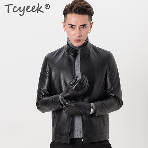 

tcyeek fashion genuine leather jacket men clothes 2019 streetwear mens autumn sheepskin coat casual slim fit moto jackets 82034, Black