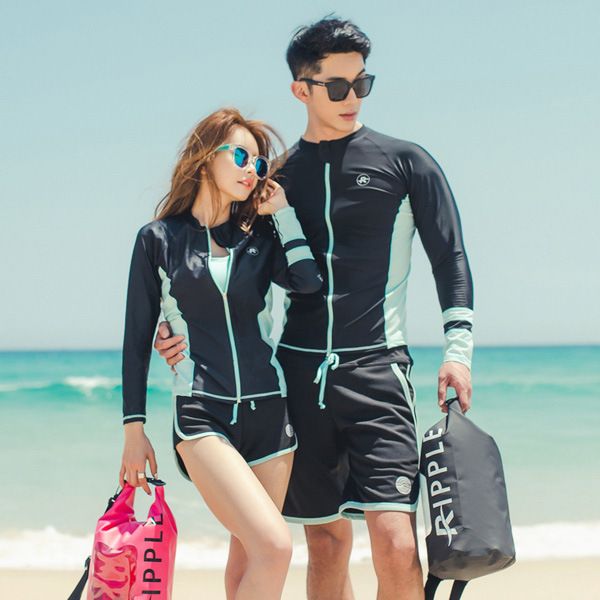 

fast-drying swimsuit zipper sunscreen long sleeve surf suit for couples, White;black