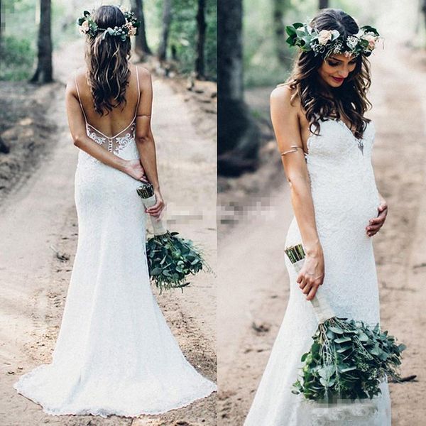 

Charming Full Lace Pregnant Wedding Dresses 2019 Spaghetti Backless Mermaid Sweep Train Garden Country Bridal Gowns Plus Size Wedding Gowns