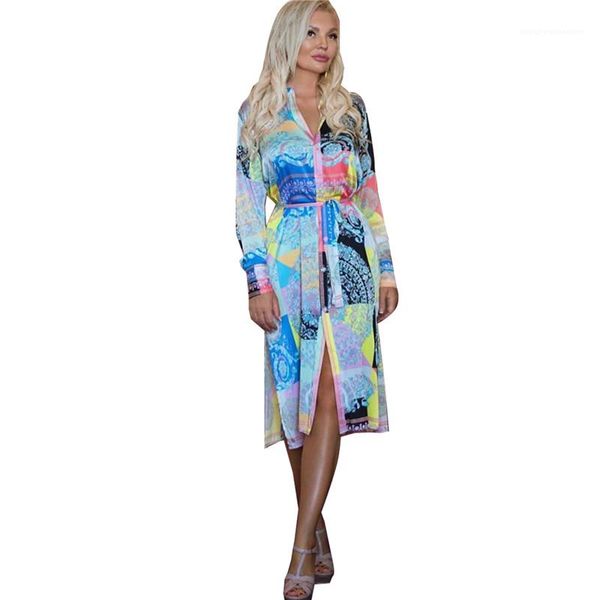 

womens printed lapel dress spring fashion slim with belt long sleeves casual dress famale designer clothing, Black;gray