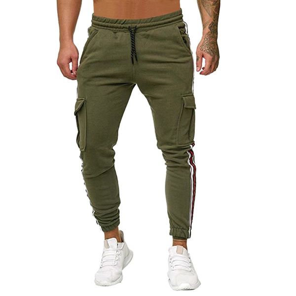 

streetwear men splicing pure color overalls casual pocket sport work casual trouser pants pantalones hombre cargo pants men, Black