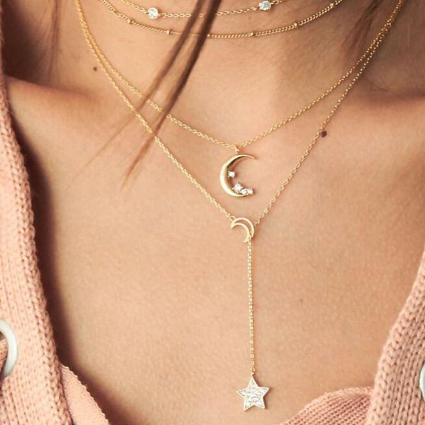 

personality fashion star moon crystal pendant choker necklaces boho golden multi-layer long chain necklace women party jewelry, Silver