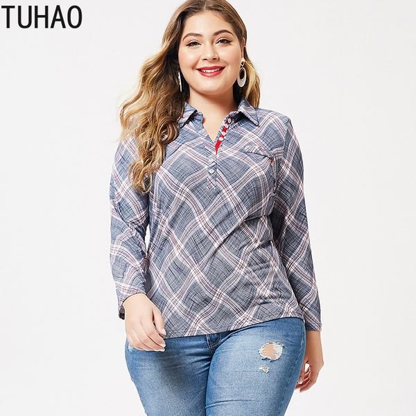 

tuhao 2019 elegant office lady blouse clothes large size 6xl 5xl 4xl women's autumn long sleeve plaid blouses shirt wm55, White