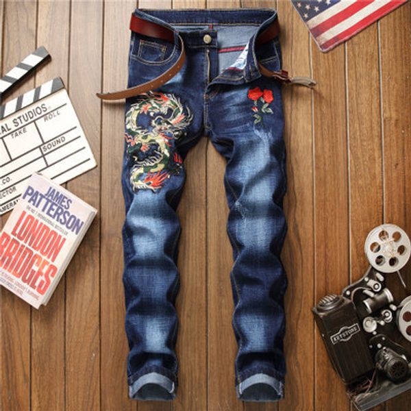 

2020 new style dragon embroidery pattern men's jeans men's retro nostalgic personality broken hole embroidered pants trend, Blue