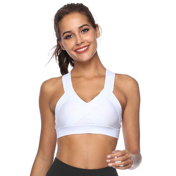 

women workout sports bra v-neck criss-cross yoga bralette fitness tank vest, White;black