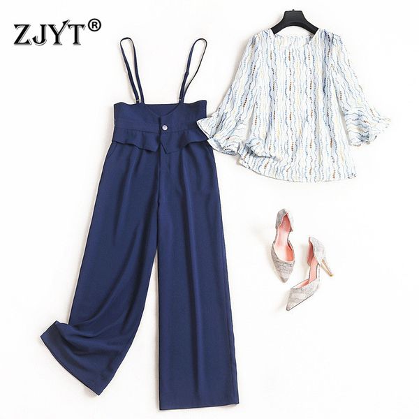 

high street fashion lady pants 2piece set women 2020 new women casual outfits flare sleeve print chiffon blouse and pants sets, White