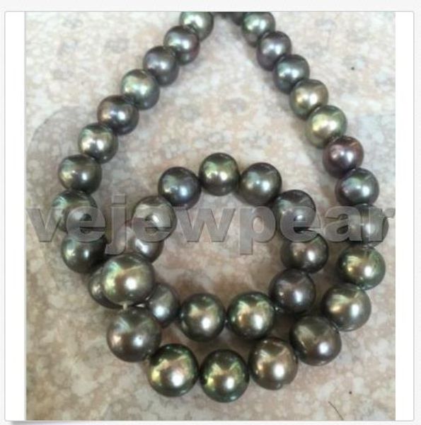 

bbb stunning 10-11mm round tahitian black green multicolor pearl necklace 18inch 14k, Silver